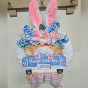 Easter Bunny Wreath with Flowers and Plaid Bow